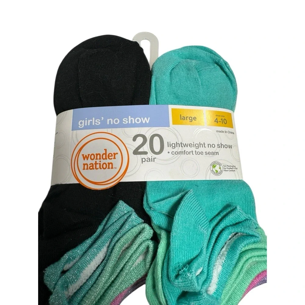 wonder nation girls no show ankle socks 20 pairs size‎ large 4-10